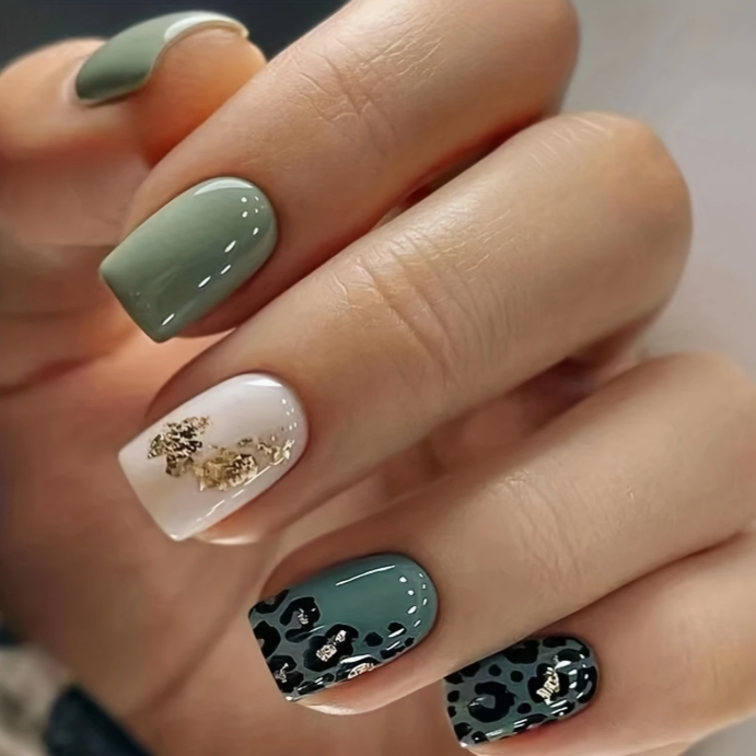 24pcs Short Square Press-On Nails - Mint Green &amp; Leopard Print