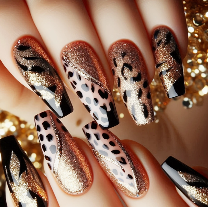 Gold &amp; Black Leopard Print Nails