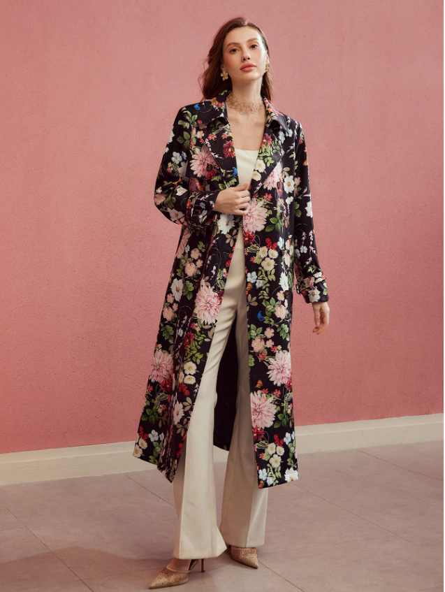 MOTF PREMIUM FLORAL PRINT DOUBLE BREASTED TRENCH COAT