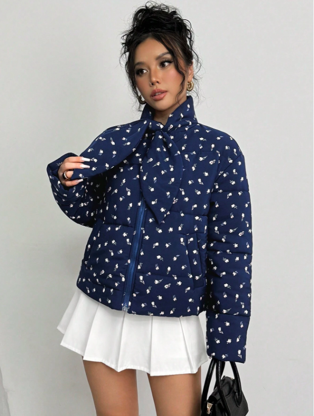 Lace-Up Collar Floral Print Coat