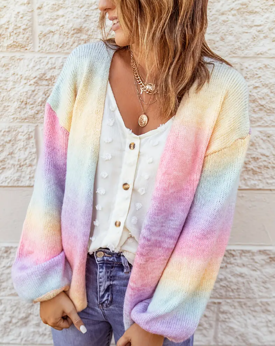 Rainbow Ombre Open Front Knitted Cardigan