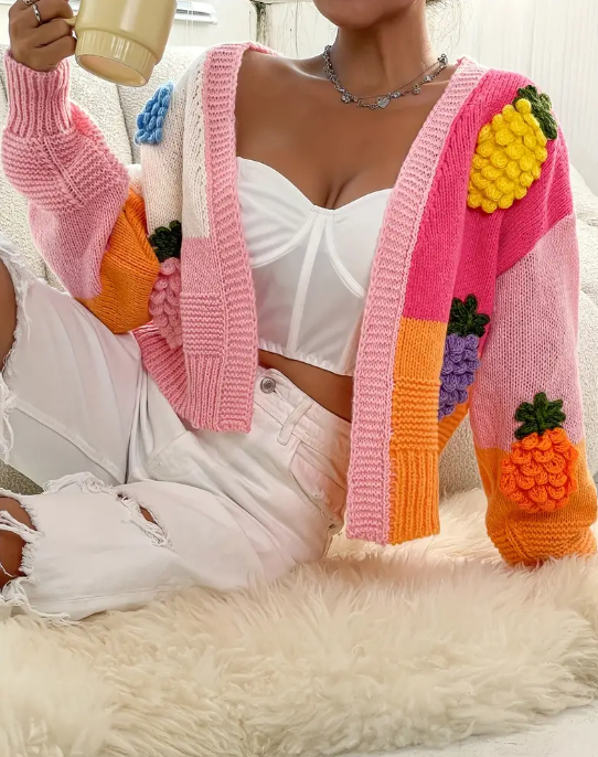 Fruit Embroidery Color Block Knit Cardigan