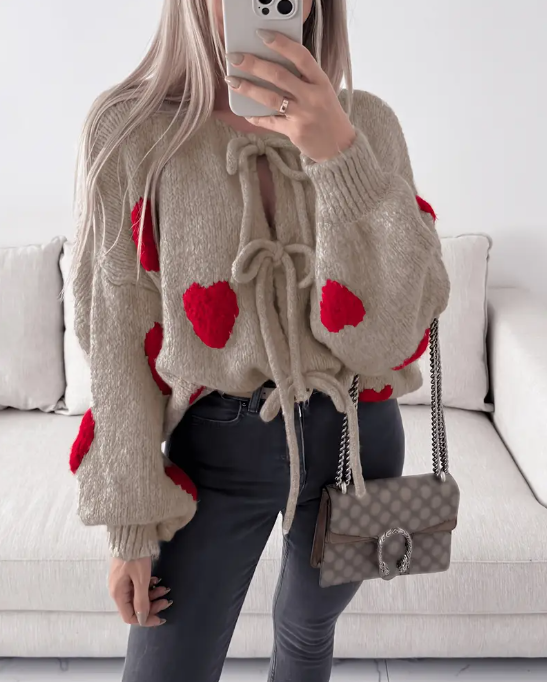 Two-Tone Heart Pattern Knit Cardigan