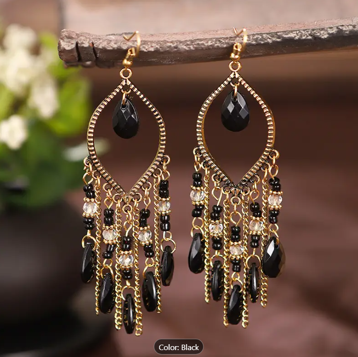 Crystal Beaded Metal Tassel Earrings
