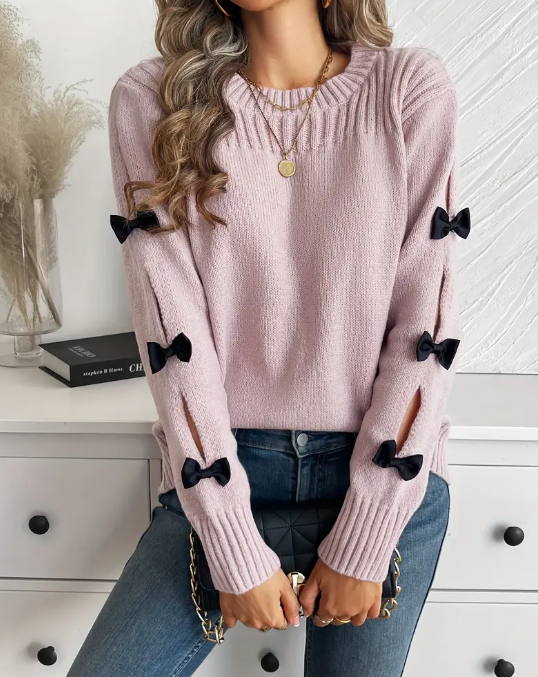 Bow Decor Cut Out Long Sleeve Sweater