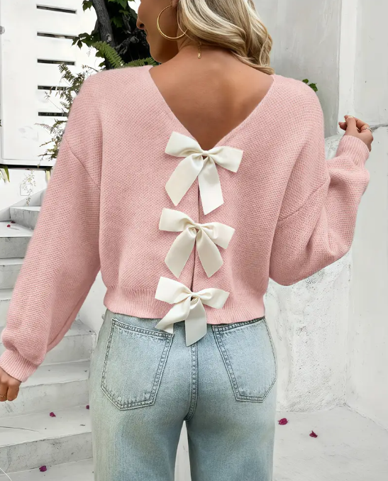 Light Pink Long Sleeve with Bow Knit Sweater