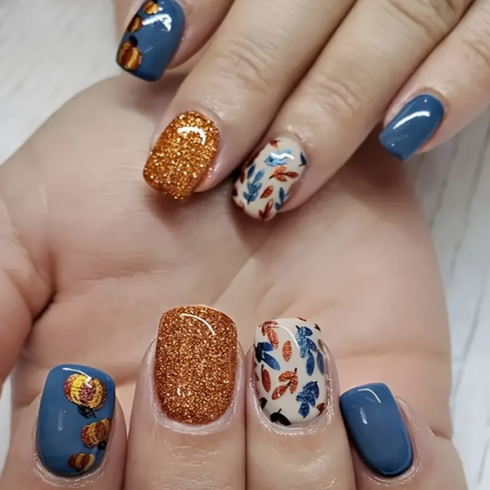 24pcs Pumpkin Leaf Glitter False Nails