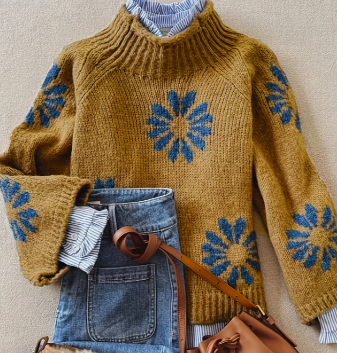 Floral Jacquard High Neck Pullover Sweater