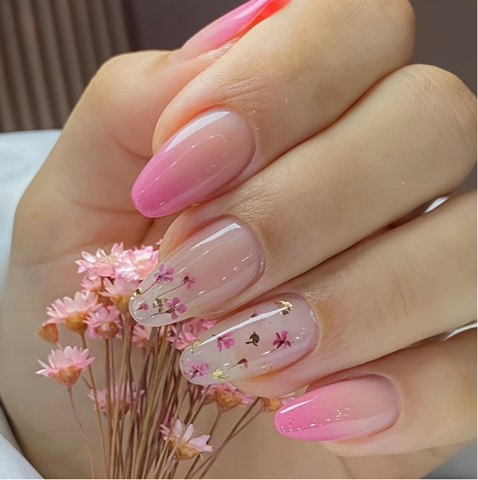 24pcs Pink Almond Shaped Short Press-On Nails with Floral Pattern