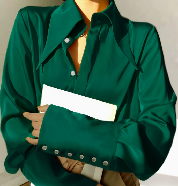 Elegant Green Satin Blouse with Pointed Collar