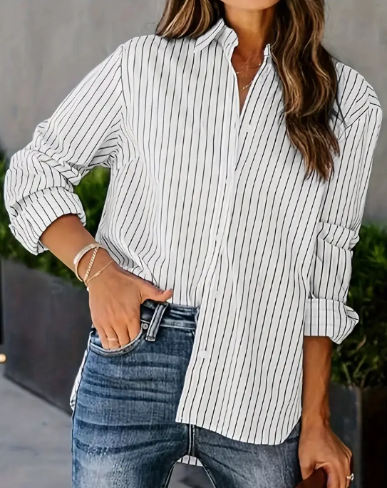 White &amp; Black Vertical Striped Shirt