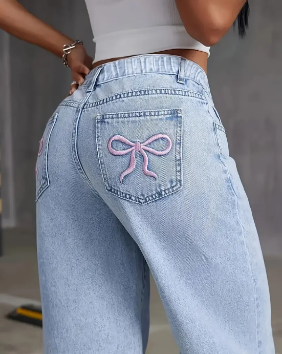 Bow Design Non-Stretch Long Jeans