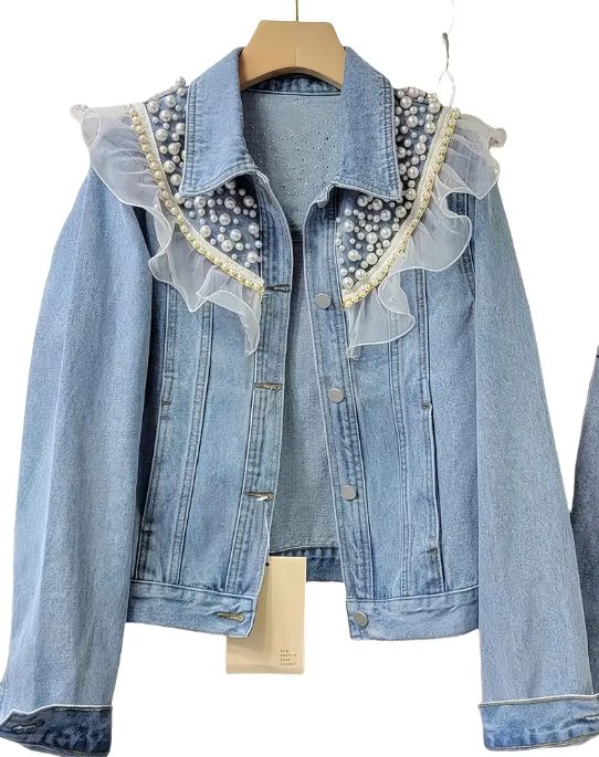 Pearl &amp; Lace Trim Denim Jacket