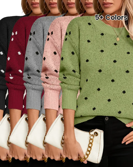 Polka Dot Pattern Ribbed Knit Pullover Sweater