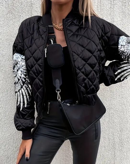 Black Quilted Winter Jacket with Sequin Sleeve Accents
