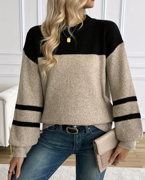 Crew Neck Pullover with Color Block Striped Sleeves