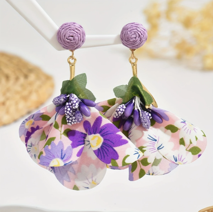 Bohemian Fabric Flower Earrings PINK