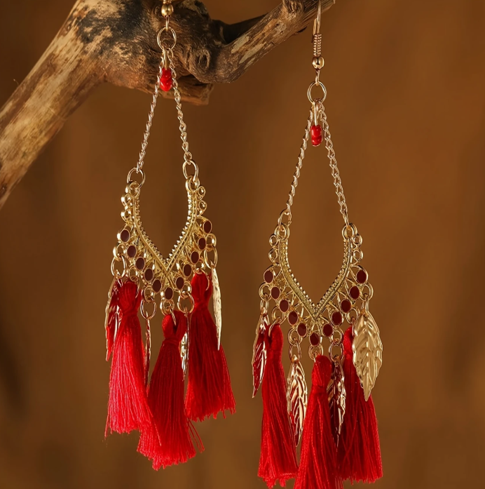 Drop &amp; Dangle Tassel Earrings RED