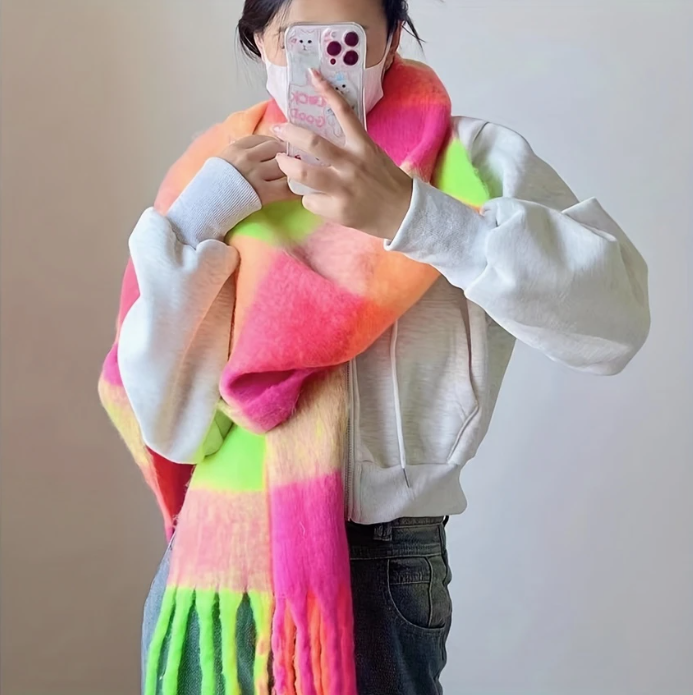 Colorful Grid Tassel Chunky Scarf