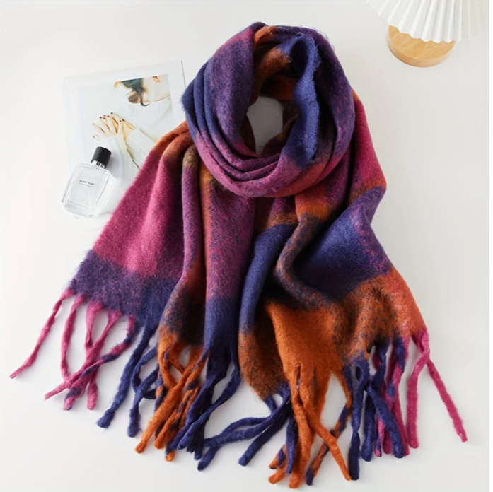 Purple Plaid Fleece Scarf with Tassels