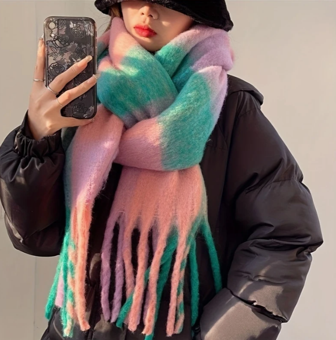 Pastel Plaid Tassel Chunky Scarf