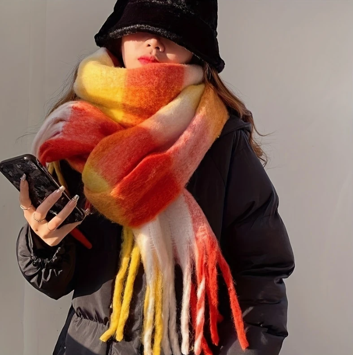 Orange Plaid Tassel Chunky Scarf