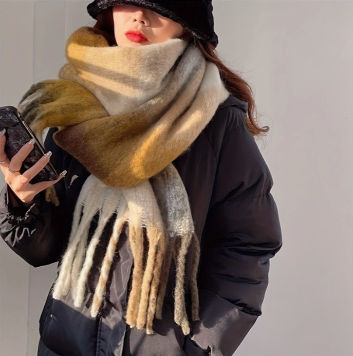 Caramel Plaid Tassel Chunky Scarf