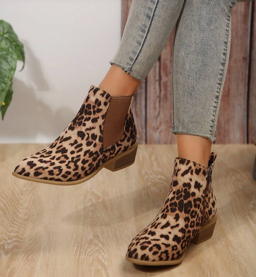 Leopard Print Pointed Toe Ankle Boots