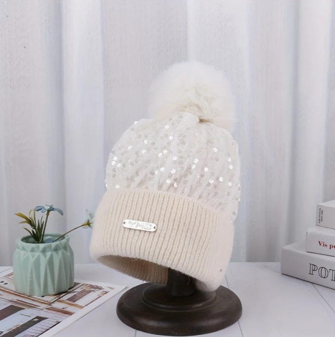 Winter Hat with Pom-Pom &amp; Sequins
