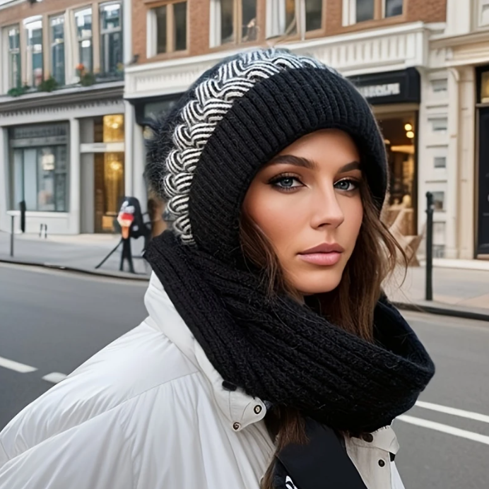 Fleece-Lined Thickened Scarf with Hat