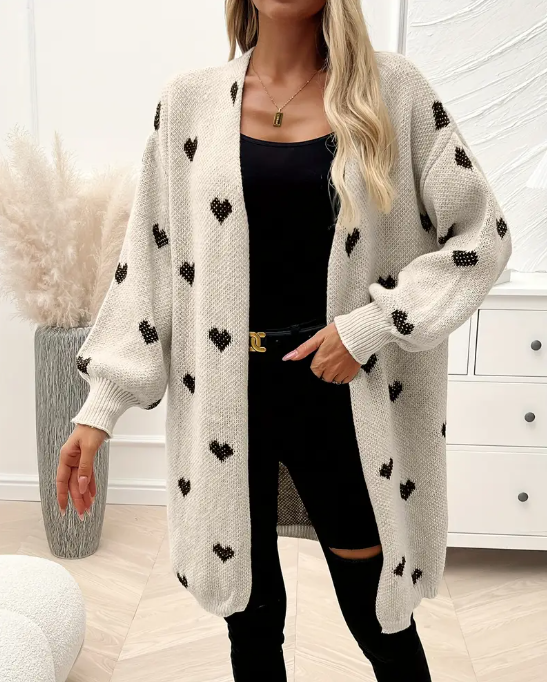 Heart Pattern Open Front Knitted Cardigan