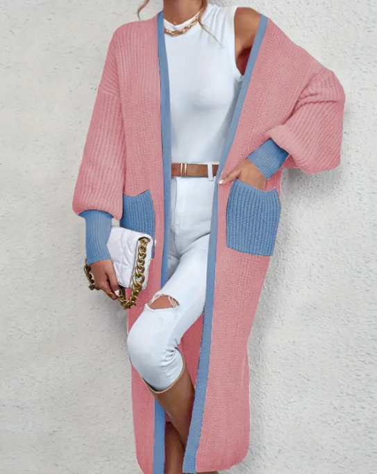Pocket Patched Contrast Binding Knit Cardigan