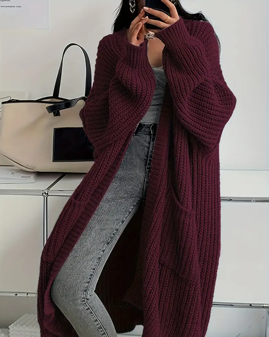 Burgundy Open Front Knitted Cardigan
