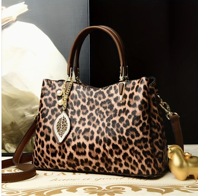 Leopard Print Tote Bag with Golden Leaf Pendant