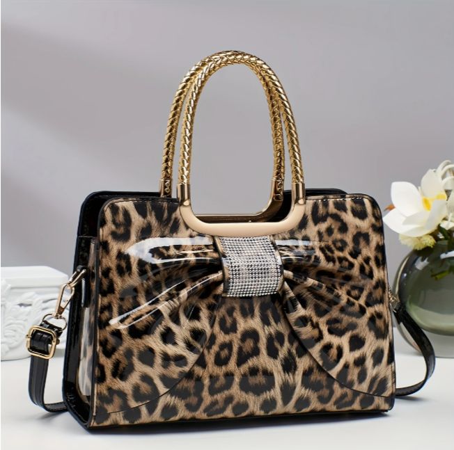 Leopard Print Bow Accent Crossbody Handbag