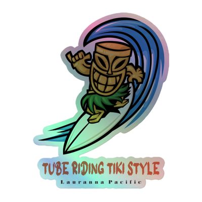 Funny Surfing Tiki, Tube Riding Surfer Tiki Style Holographic Sticker