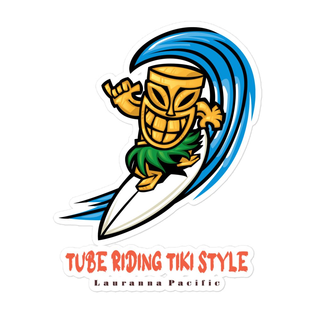 Funny Surfing Tiki, Tube Riding Surfer Tiki Style Sticker