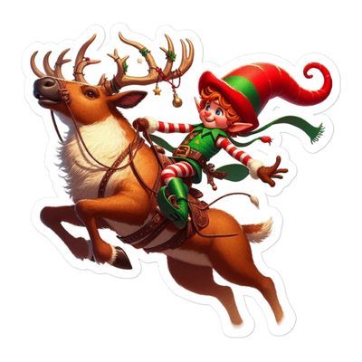 Funny Christmas Elf and Jumping Reindeer Sticker
