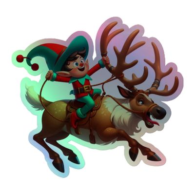 Funny Christmas Elf And Reindeer Holographic Sticker