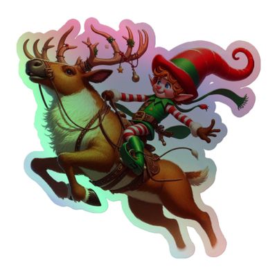Funny Christmas Elf and Jumping Reindeer Holographic Sticker