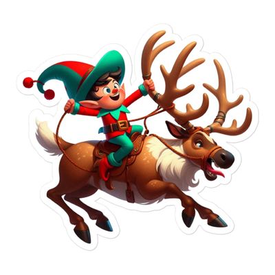 Funny Christmas Elf And Reindeer Sticker