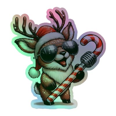 Funny Christmas Singing Reindeer Holographic Sticker