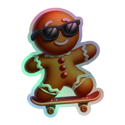 Funny Christmas Skateboarding Gingerbreadman Holographic Sticker