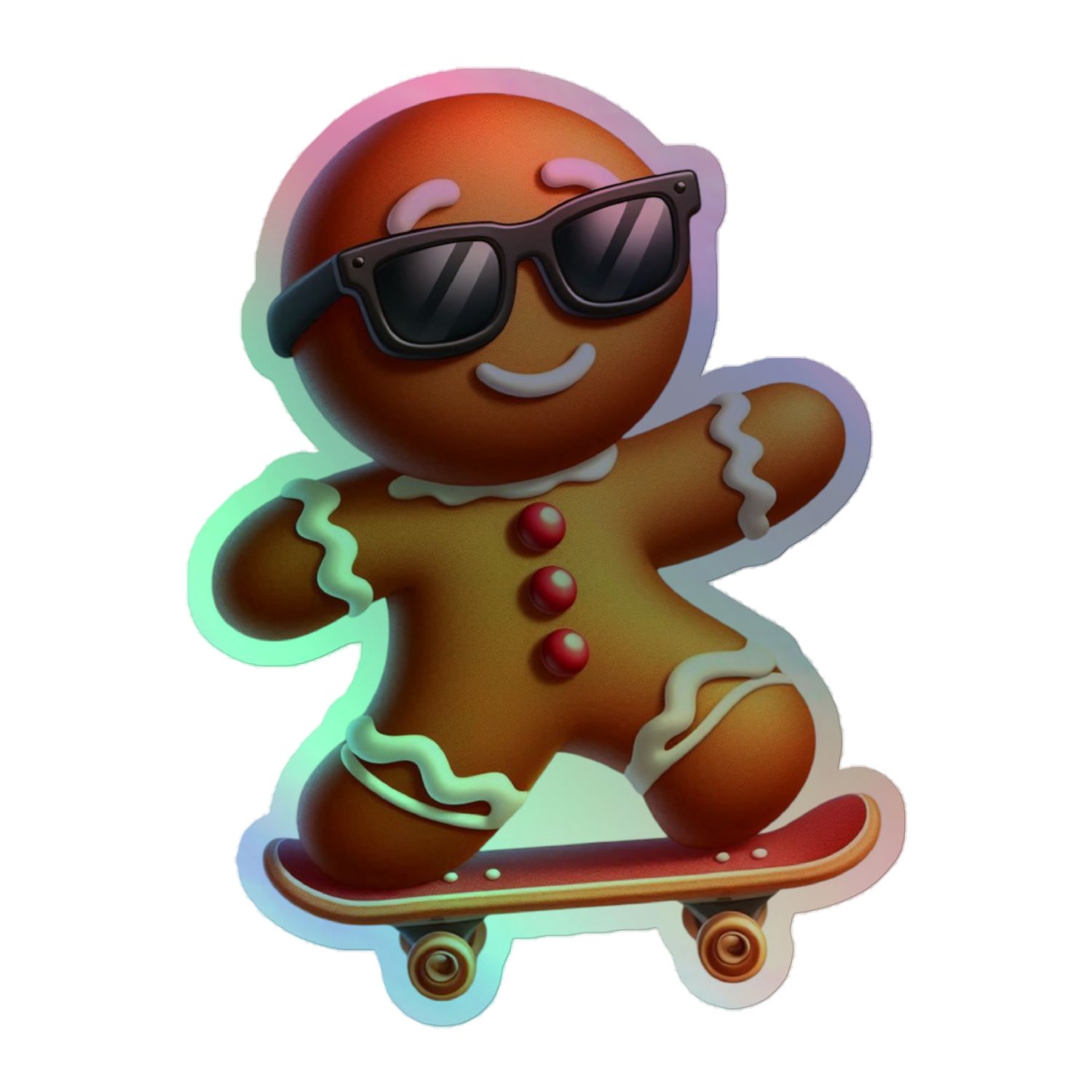 Funny Christmas Skateboarding Gingerbreadman Holographic Sticker