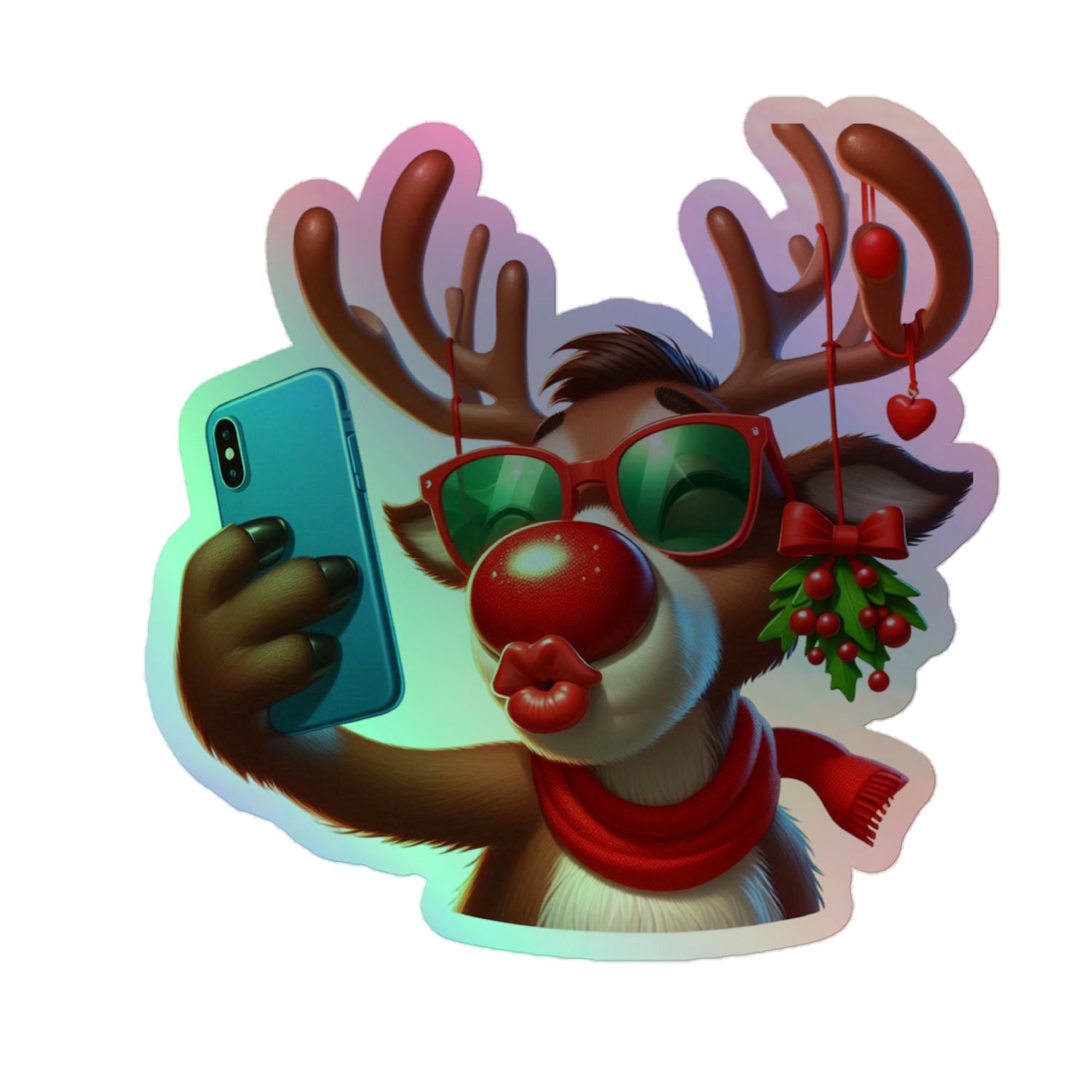 Funny Christmas Reindeer Selfie Holographic Sticker