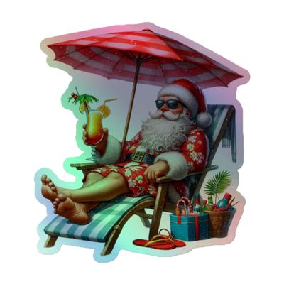 Funny Santa Tropical Vacation Holographic Sticker