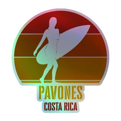 Surfing Pavones Costa Rica, Pacific Surfer Girl Red Design Holographic Sticker