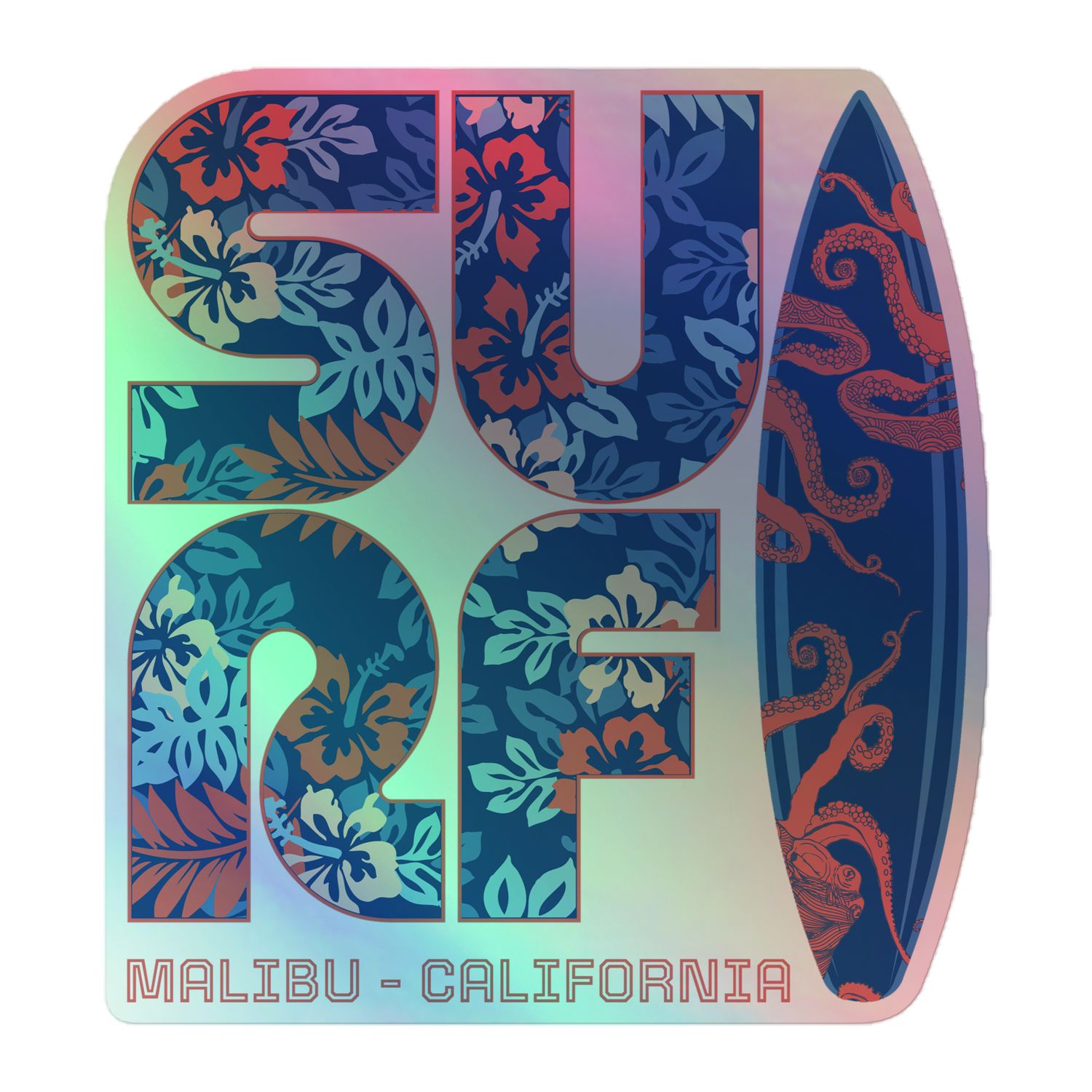 Surf Malibu California Holographic Sticker