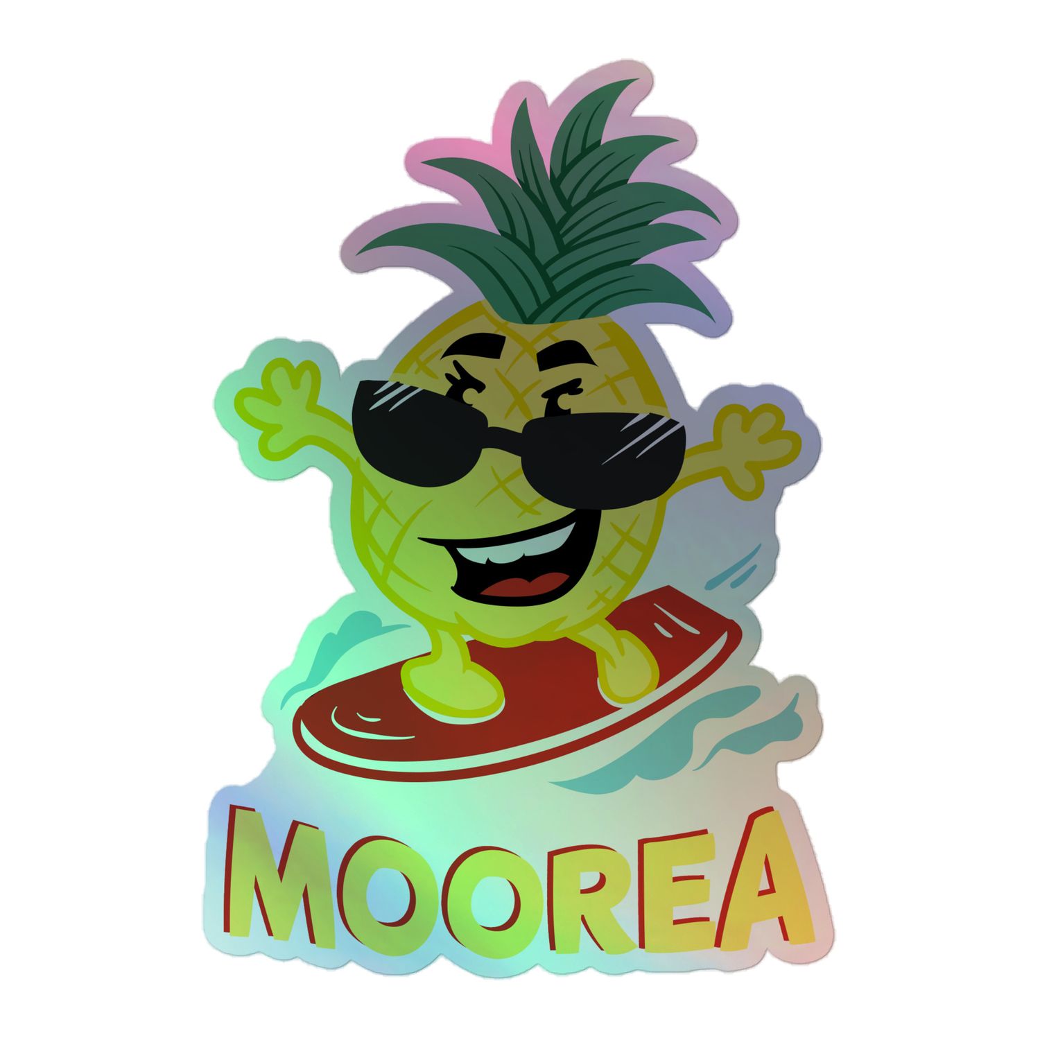 Moorea Pineapple Surfer Holographic Sticker, Funny Surfing Pineapple