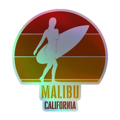Surfing Malibu California, Californian Surfer Girl Red Design Holographic Sticker